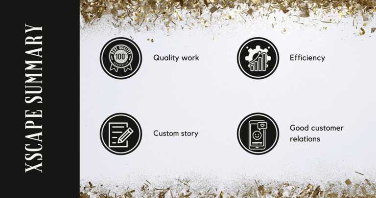 Team Building. Quality work, Efficiency, Custom story, Good customer relations.