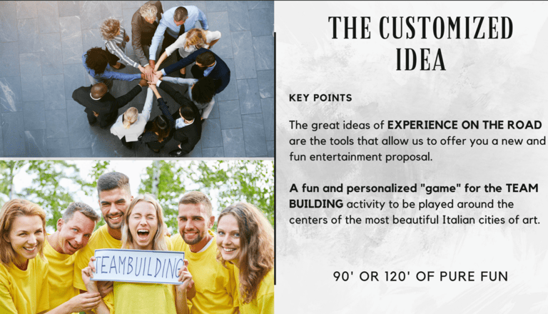 A fun and personalised game for the Team building activity to be played around center of the most beautiful italian cities of art.