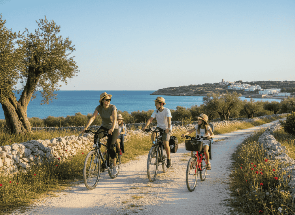 A family riding bicycles in a line along a paved coastal path in Puglia.
