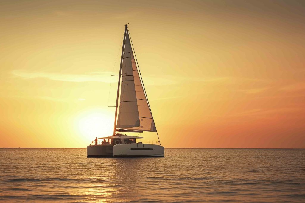 Sailing catamaran on a background of a beautiful sunset in the sea.